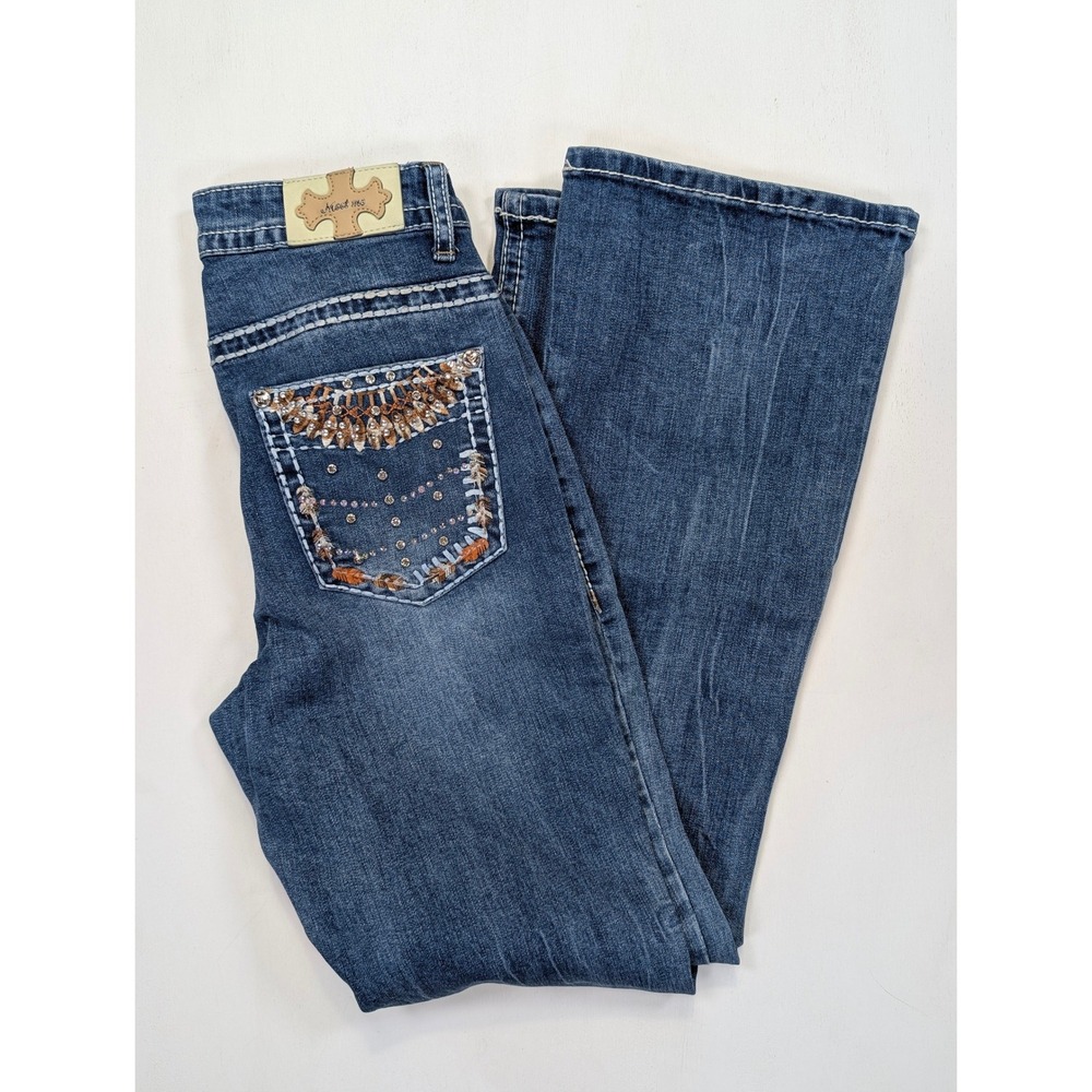 Meet Me Womens Bootcut Jeans Size 5 Embroidered Rhinestone Western Medium Wash